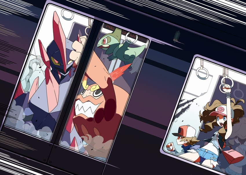 hilda, hilbert, axew, darmanitan, and gigalith (pokemon and 1 more) drawn by oomura_yuusuke