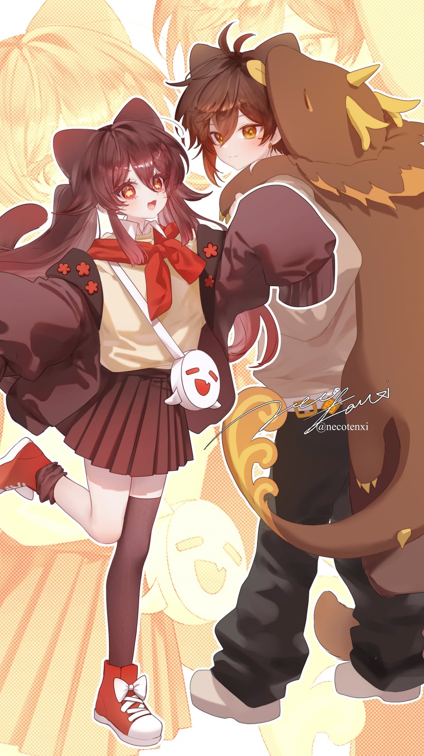 hu tao, zhongli, boo tao, and rex lapis (genshin impact) drawn by necotenxi