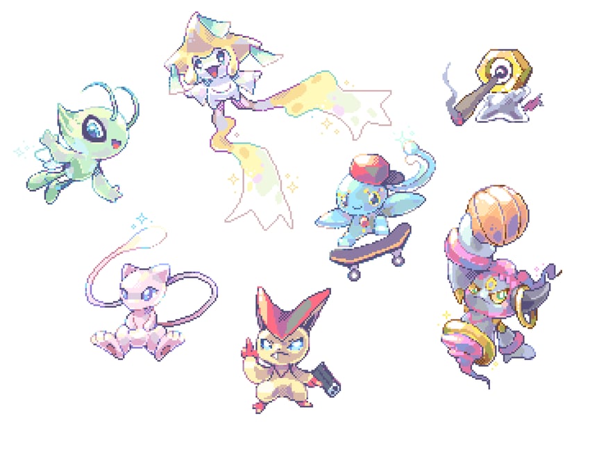 jirachi, mew, celebi, victini, manaphy, and 2 more (pokemon) drawn by robin_(pixelated_robin)