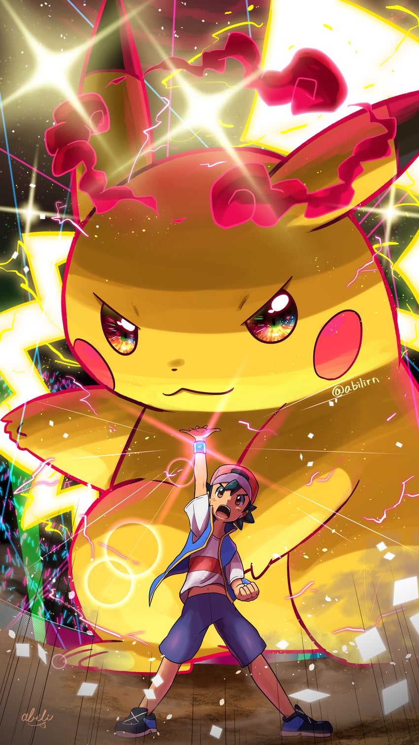 pikachu, ash ketchum, and gigantamax pikachu (pokemon and 1 more) drawn by pokemer