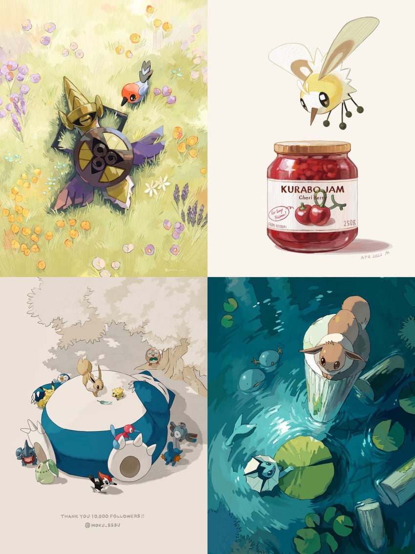 pikachu, eevee, rowlet, piplup, vaporeon, and 13 more (pokemon) drawn by mokuzou_(moku_ssbu)