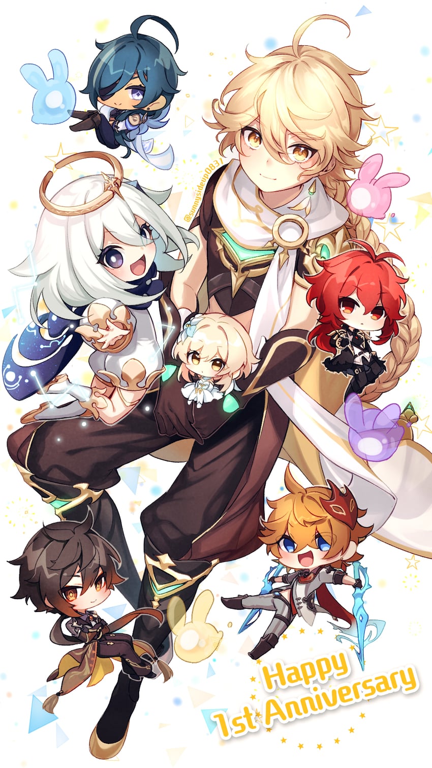 lumine, aether, zhongli, paimon, tartaglia, and 3 more (genshin impact) drawn by sunnysideup0831
