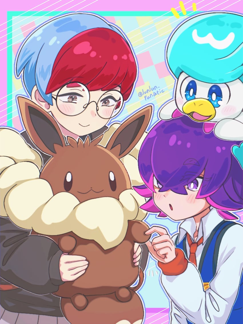 eevee, penny, quaxly, and dot (pokemon and 1 more) drawn by runachikku