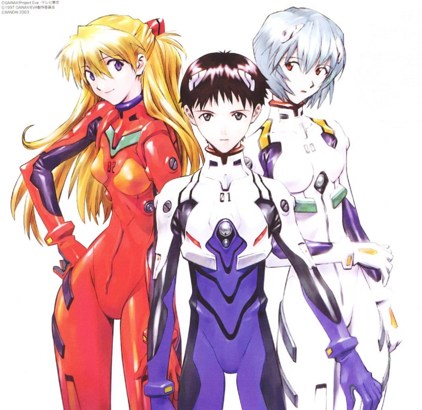 souryuu asuka langley, ayanami rei, and ikari shinji (neon genesis evangelion) drawn by sadamoto_yoshiyuki