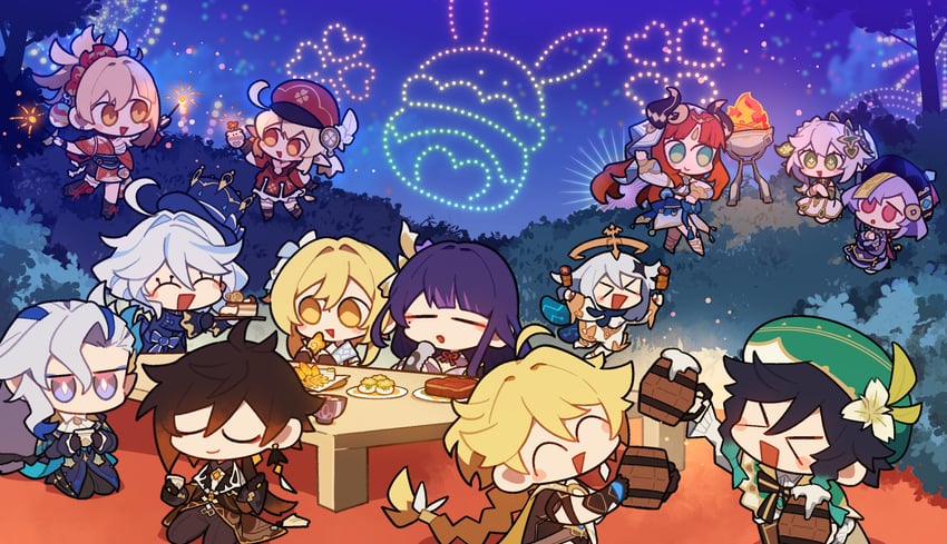 lumine, raiden shogun, aether, furina, nahida, and 8 more (genshin impact) drawn by shigetake_(buroira)