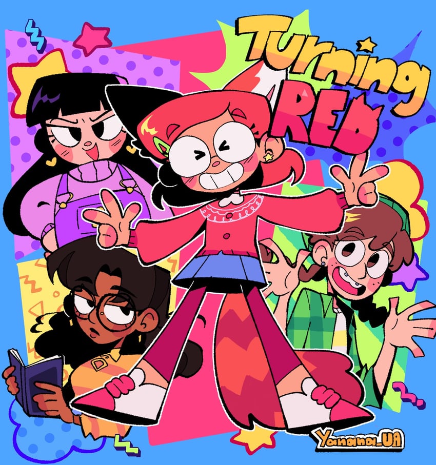 meilin lee, abby, priya, and miriam (turning red) drawn by yanana_ua
