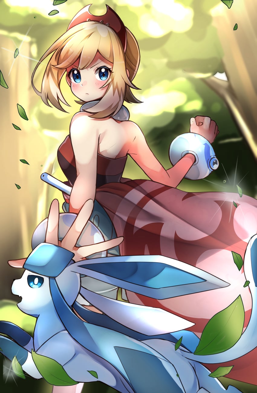 glaceon and irida (pokemon and 1 more) drawn by 0kami_89zo