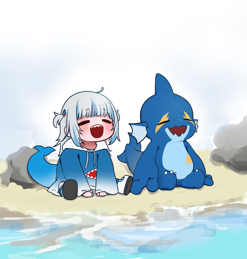 gawr gura and gobfin (hololive and 2 more) drawn by appleblossomtea