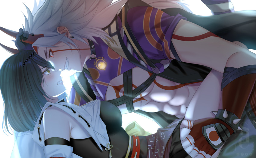 kujou sara and arataki itto (genshin impact) drawn by sae_(asahinasae)