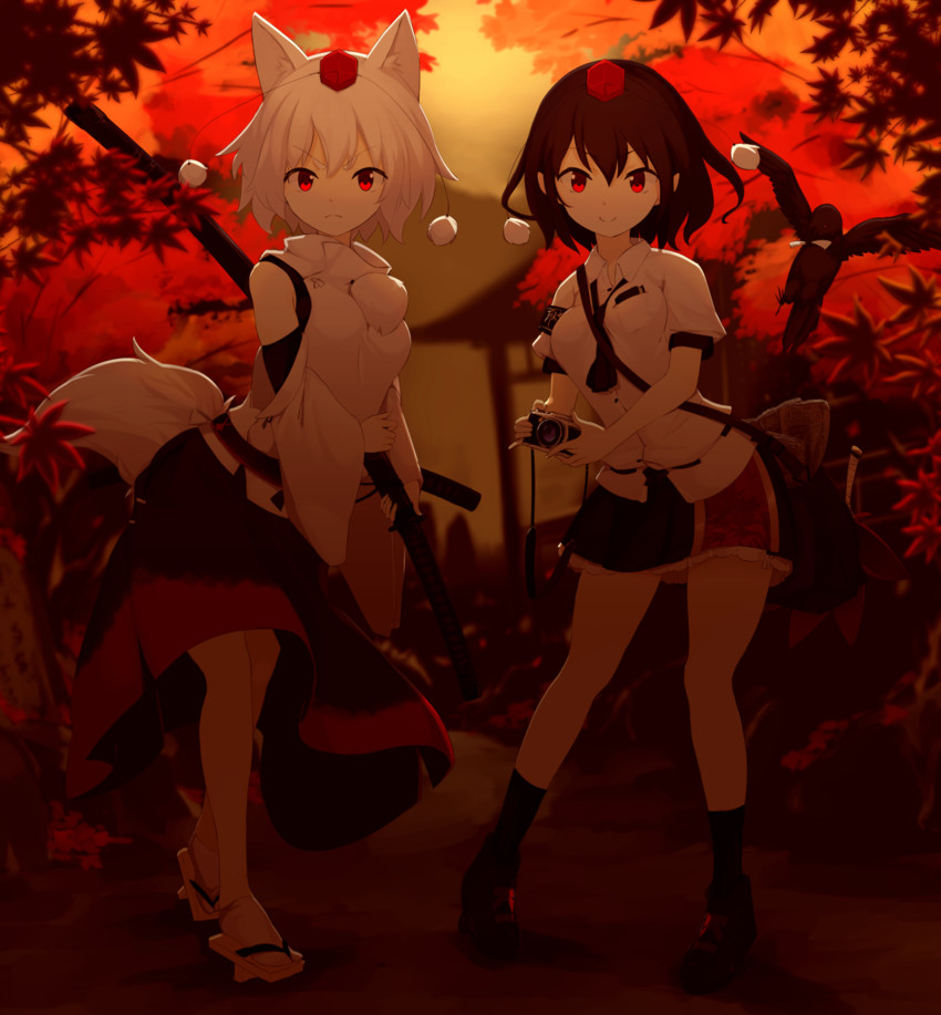 shameimaru aya and inubashiri momiji (touhou) drawn by yukihiko_(sky_sleep)