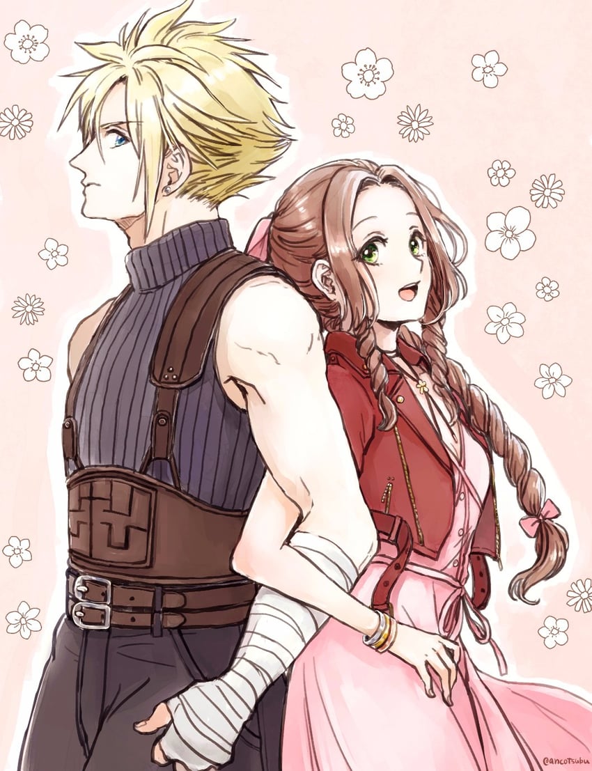 cloud strife and aerith gainsborough (final fantasy and 2 more) drawn by ancotsubu