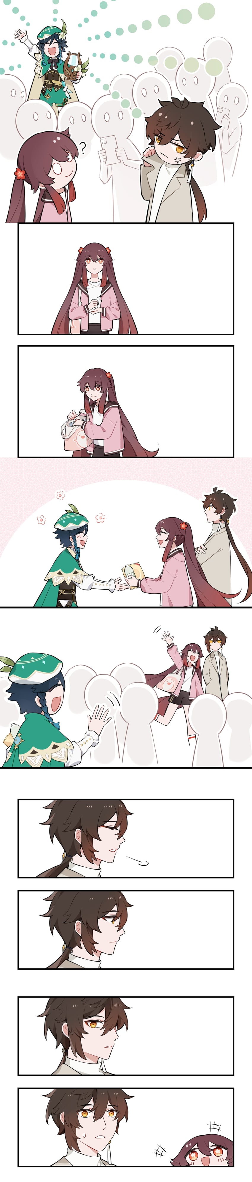 hu tao, zhongli, venti, and boo tao (genshin impact) drawn by qingxian66814