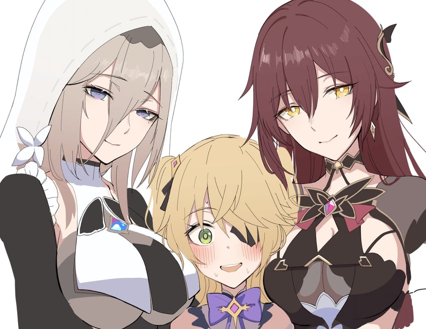 fischl, aponia, and eden (genshin impact and 3 more) drawn by yumegiwa_(skgl_thx)