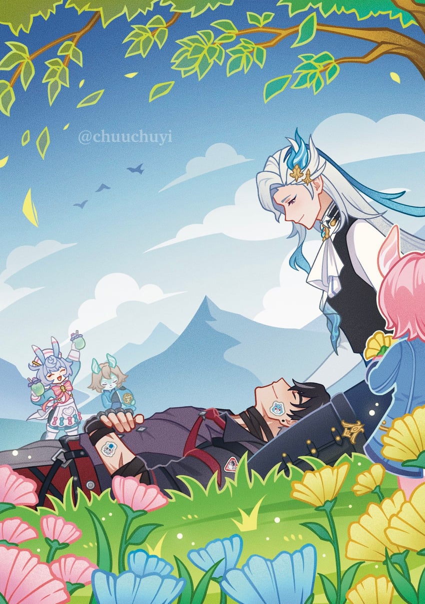 neuvillette, wriothesley, sigewinne, blathine, and sedene (genshin impact) drawn by lin_(chuuchuyi)