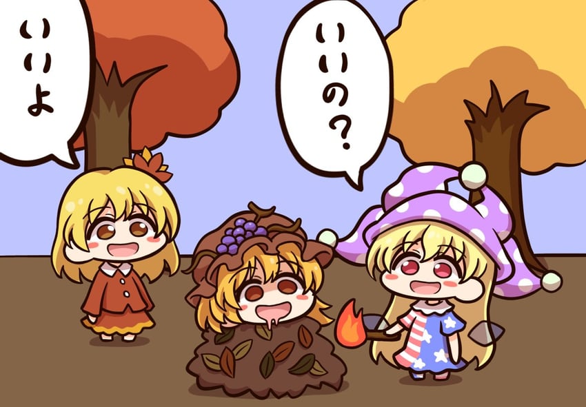clownpiece, aki minoriko, and aki shizuha (touhou) drawn by shitacemayo