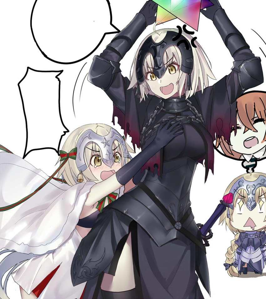 fujimaru ritsuka, jeanne d'arc, jeanne d'arc alter, and jeanne d'arc alter santa lily (fate and 2 more) drawn by echj