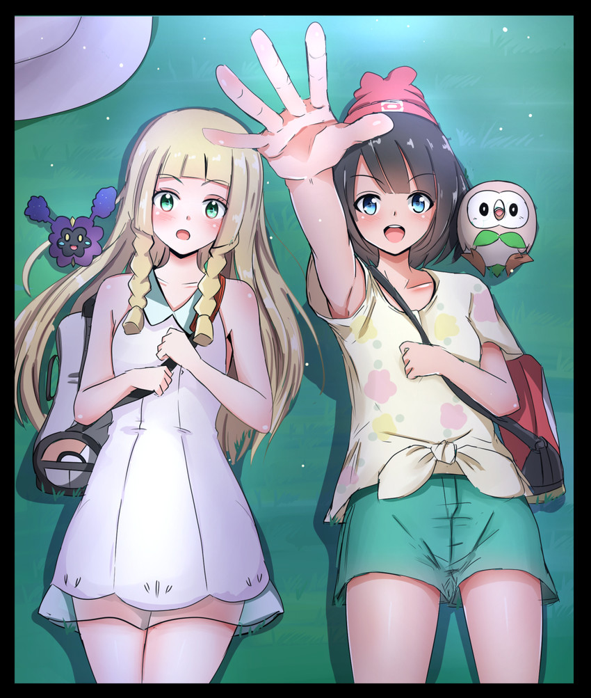 lillie, selene, rowlet, and cosmog (pokemon and 1 more) drawn by baretto_(karasi07)