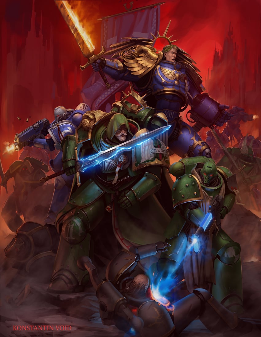 adeptus astartes, chaos space marine, roboute guilliman, and lion el'jonson (warhammer 40k) drawn by konstantinvoid