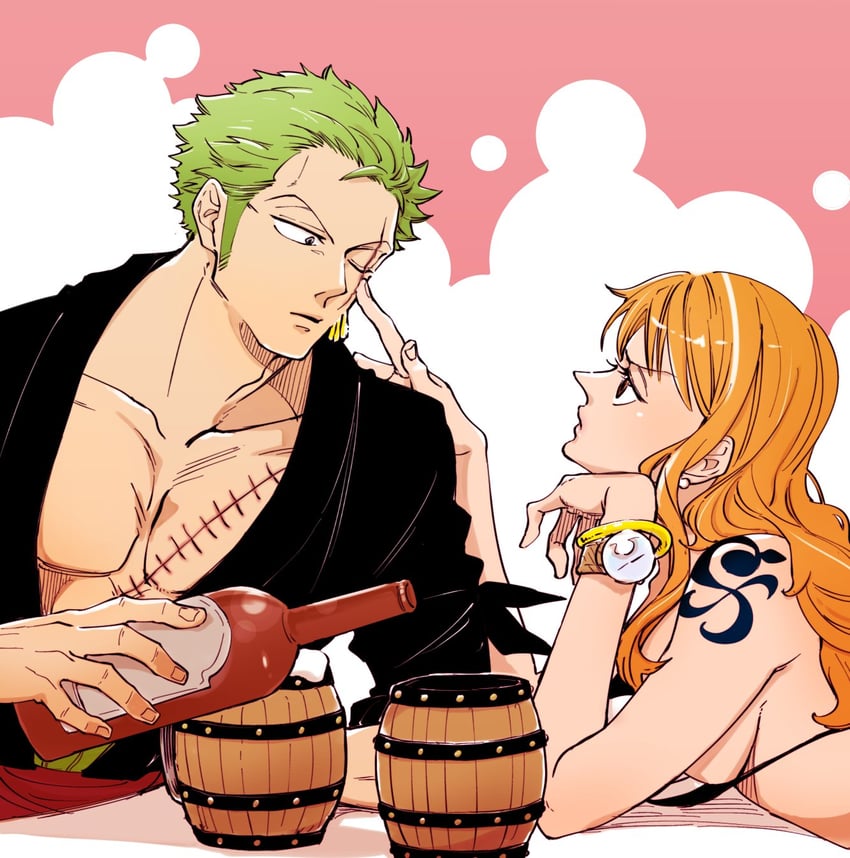 nami and roronoa zoro (one piece) drawn by chabo_(niwatori_bosori)