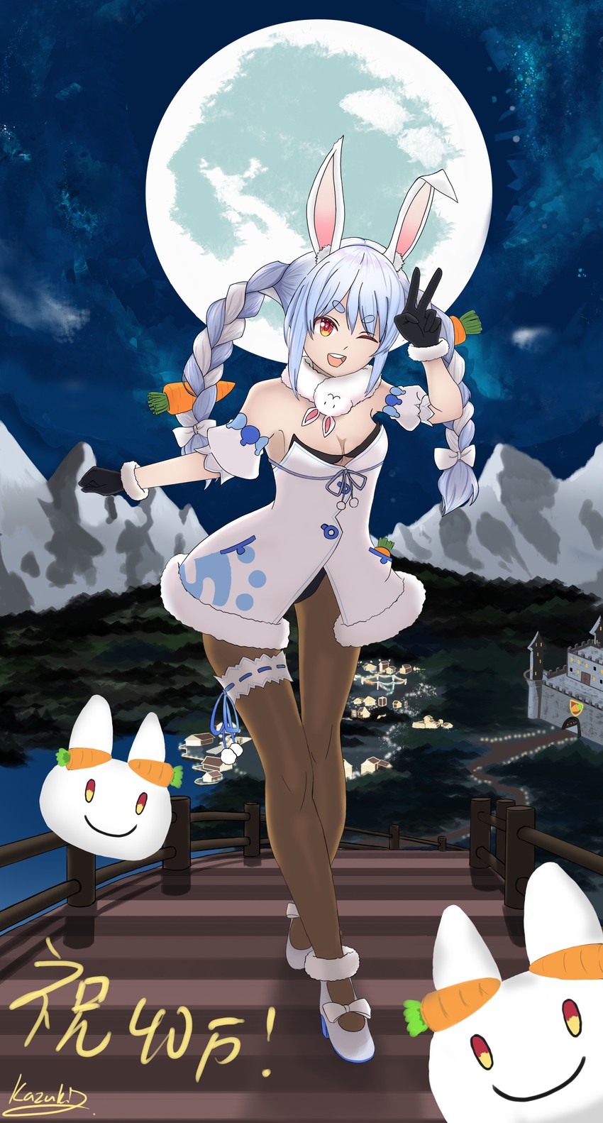 usada pekora, don-chan, and pekomon (hololive) drawn by kazukikaidon