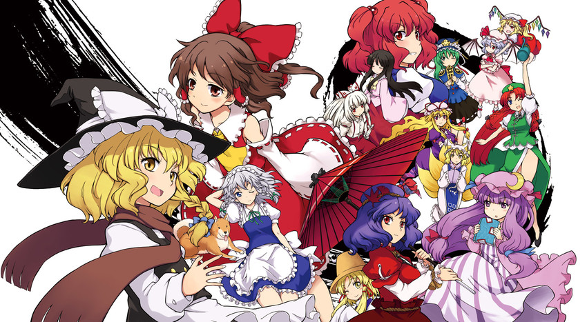hakurei reimu, kirisame marisa, remilia scarlet, flandre scarlet, izayoi sakuya, and 10 more (touhou) drawn by mizumoto_tadashi