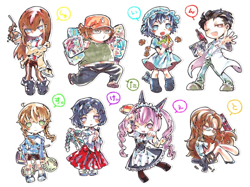 makise kurisu, okabe rintarou, shiina mayuri, amane suzuha, urushibara luka, and 2 more (steins;gate) drawn by kitaya