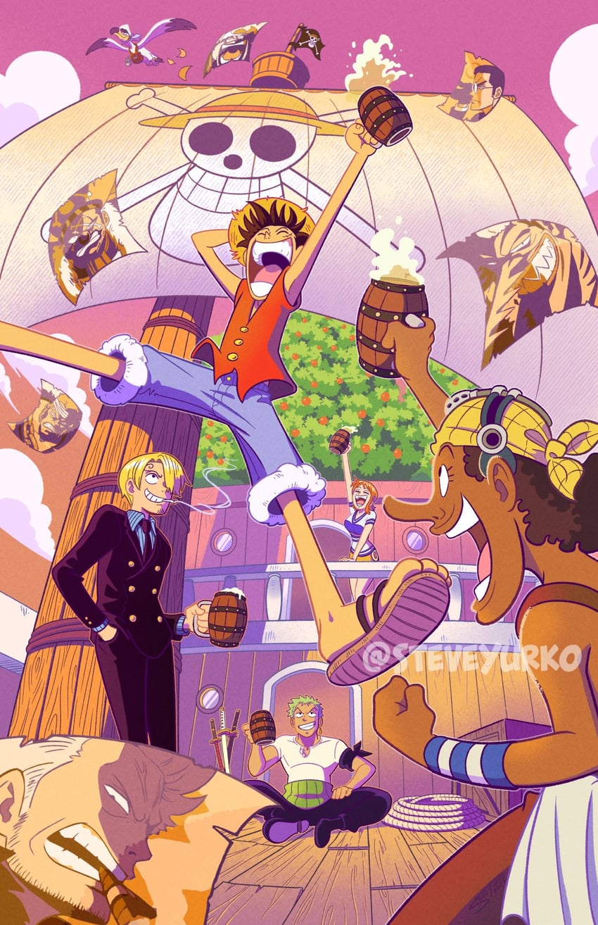 nami, monkey d. luffy, roronoa zoro, sanji, usopp, and 8 more (one piece) drawn by steve_yurko
