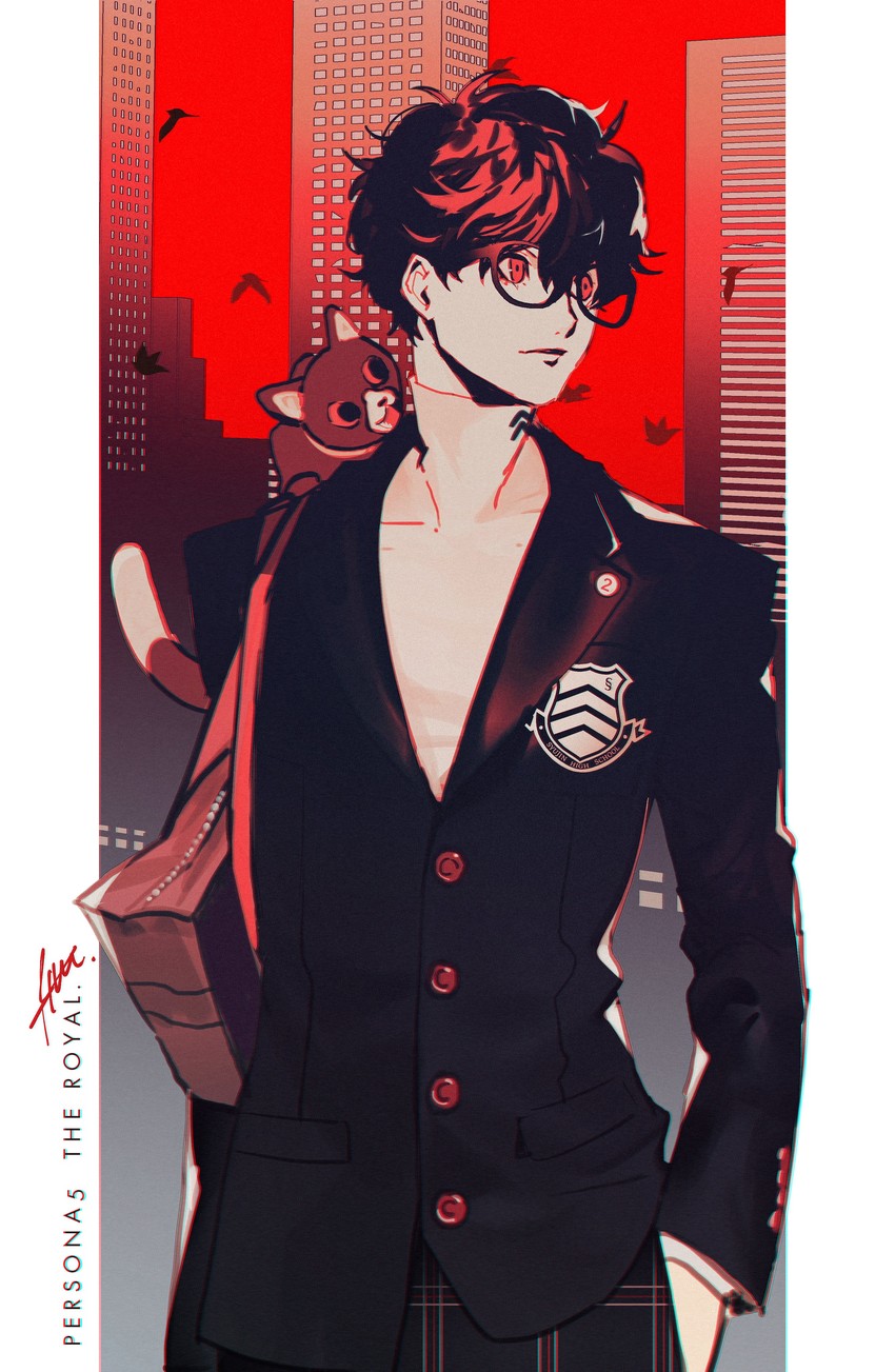 amamiya ren and morgana (persona and 1 more) drawn by btmr_game