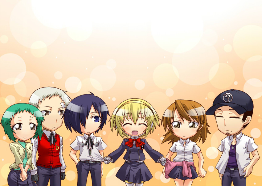 yuuki makoto, aigis, takeba yukari, yamagishi fuuka, sanada akihiko, and 1 more (persona and 1 more) drawn by segami_daisuke