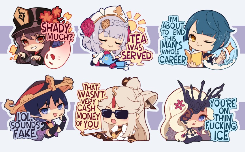 scaramouche, hu tao, boo tao, ningguang, noelle, and 2 more (genshin impact) drawn by dakiarts
