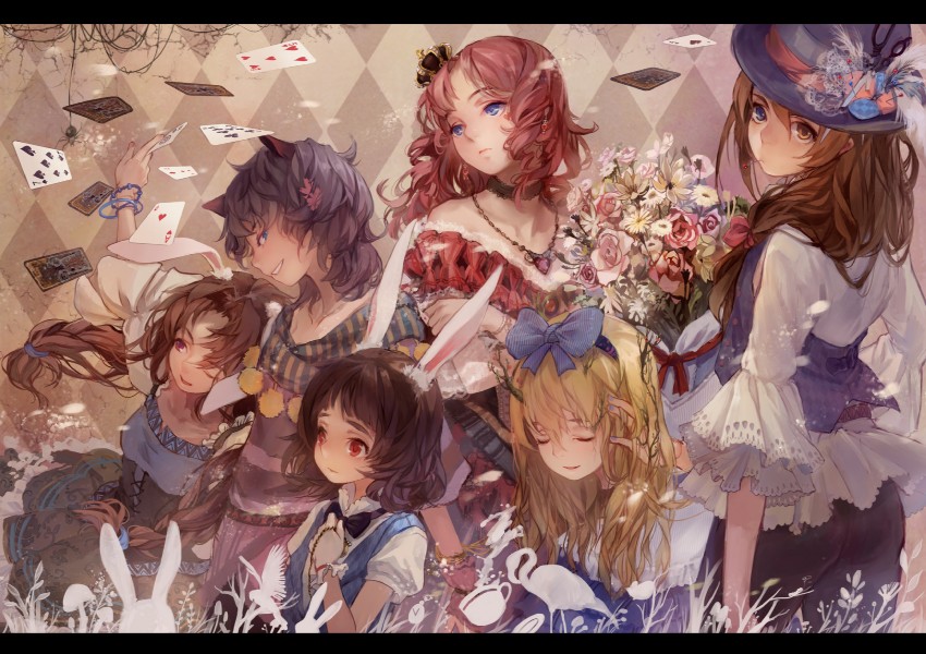 alice, white rabbit, cheshire cat, mad hatter, march hare, and 1 more (original and 1 more) drawn by liyin_(neptune)