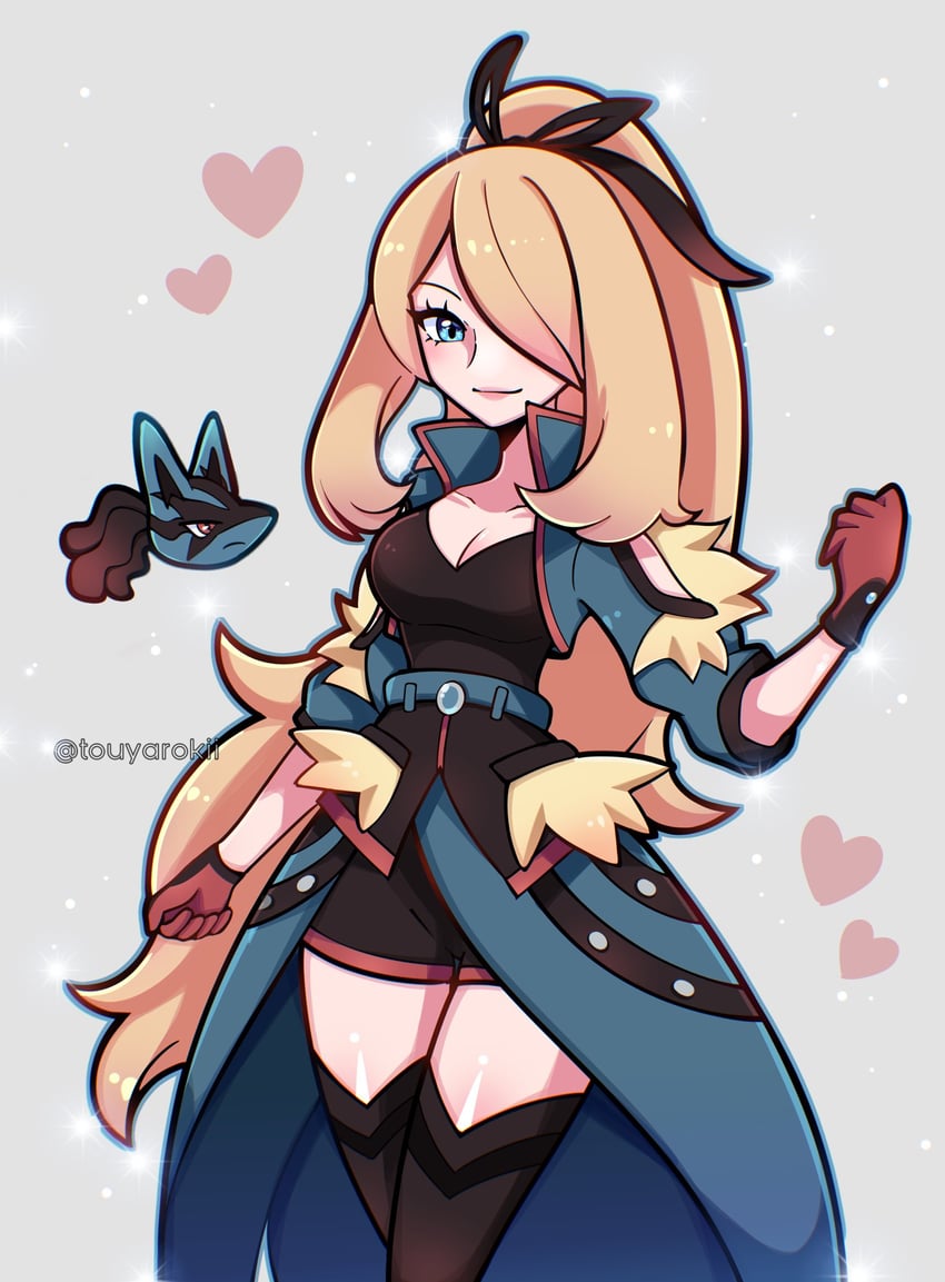 cynthia, lucario, and mega lucario (pokemon and 1 more) drawn by touyarokii