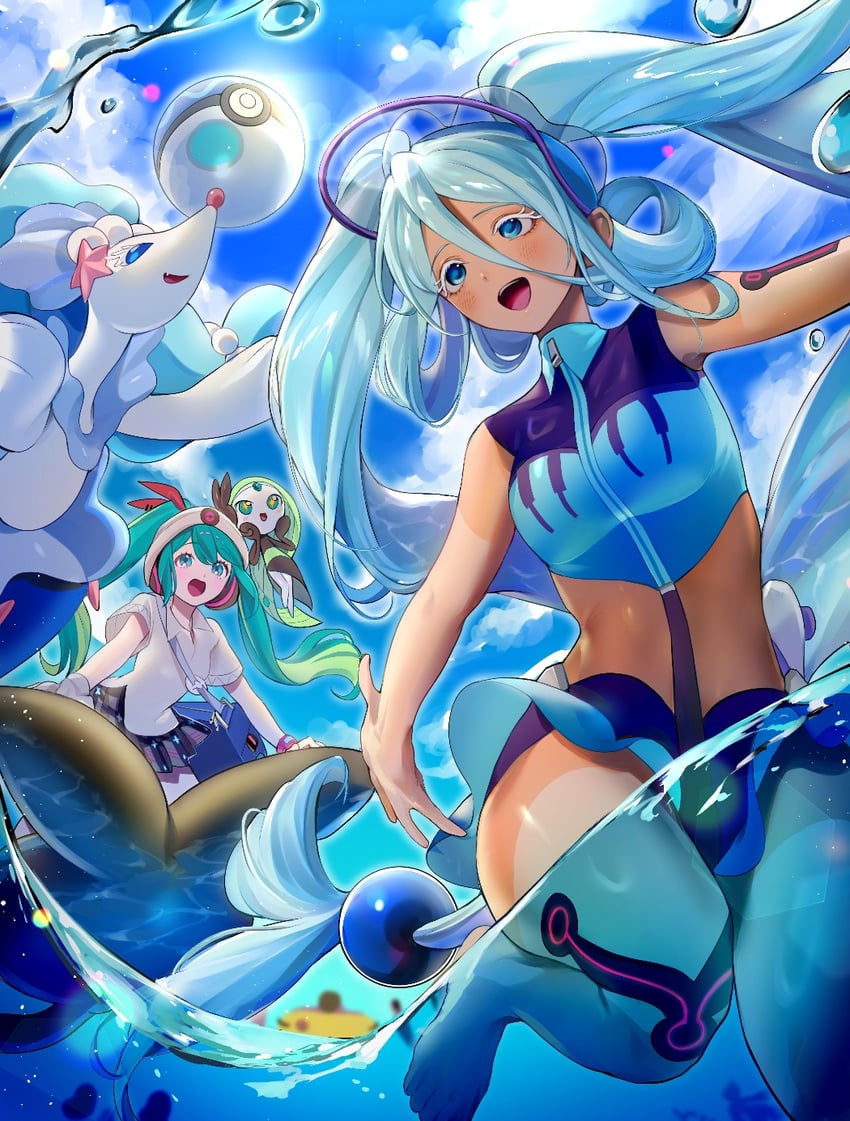 hatsune miku, primarina, meloetta, psychic miku, and water miku (pokemon and 2 more) drawn by jihya