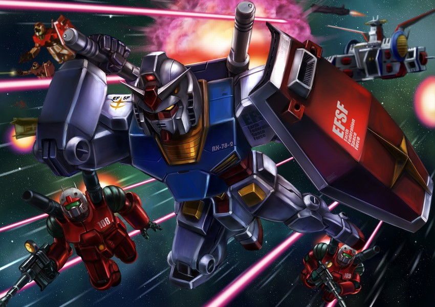 rx-78-2 gundam, gm, guncannon, white base, and salamis class (gundam and 1 more) drawn by yusao