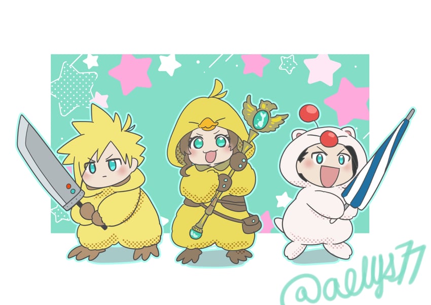 cloud strife, aerith gainsborough, zack fair, and moogle (final fantasy and 2 more) drawn by aelys77
