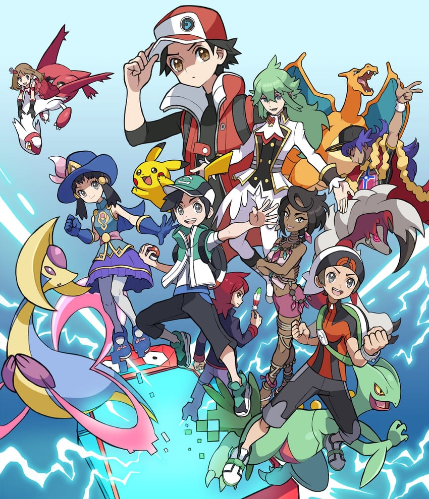 pikachu, dawn, red, leon, charizard, and 11 more (pokemon and 5 more) drawn by hyo_oppa