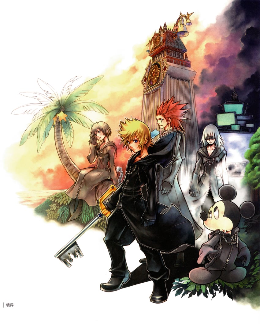 roxas, riku, mickey mouse, xion, and axel (kingdom hearts and 2 more) drawn by nomura_tetsuya