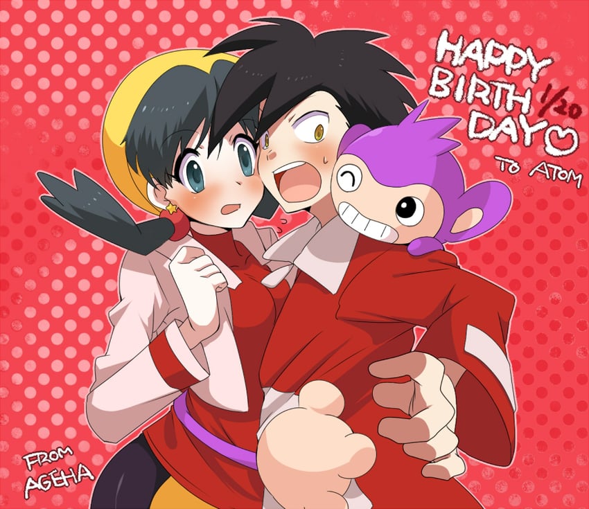 ethan, kris, and aipom (pokemon and 1 more) drawn by ageha