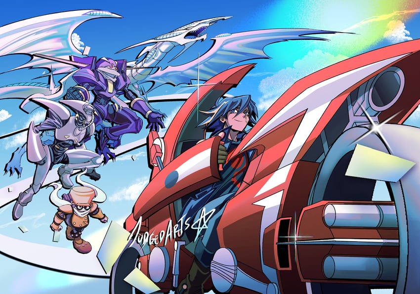 fudo yusei, stardust dragon, junk warrior, junk synchron, and speed warrior (yu-gi-oh! and 1 more) drawn by judgedarts