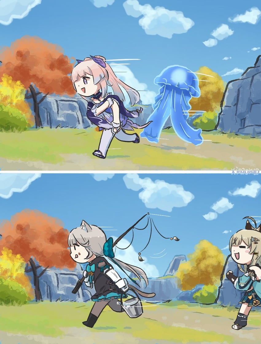 sangonomiya kokomi, lynette, and kirara (genshin impact) drawn by xinzoruo