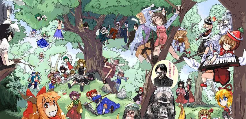 hakurei reimu, kirisame marisa, remilia scarlet, izayoi sakuya, konpaku youmu, and 34 more (touhou) drawn by circlek, kagami_mitsuki, sasurai, sho_(runatic_moon), xexu, and zono_(platinum_plutonium)