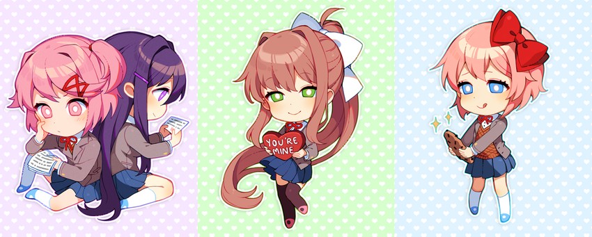 monika, natsuki, yuri, and sayori (doki doki literature club) drawn by satchely