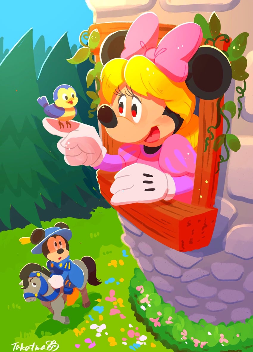 mickey mouse, minnie mouse, and rapunzel (mickey mouse & friends and 1 more) drawn by takatmaorange