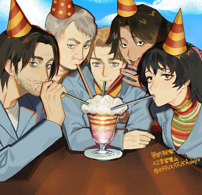 anya, curly, jimmy, daisuke, and swansea (mouthwashing) drawn by kafukafukadayo