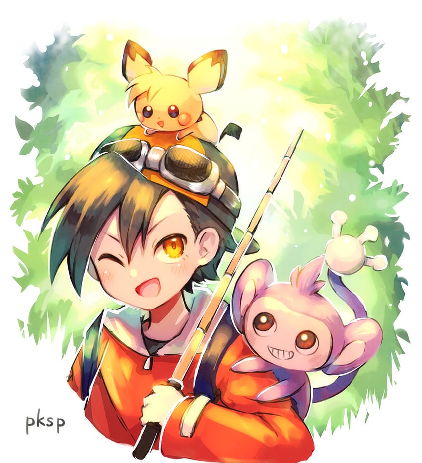 ethan, pichu, and aipom (pokemon and 1 more) drawn by izumori_(yukiasxm)