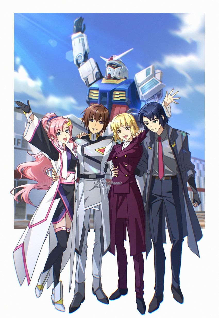 rx-78-2 gundam, cagalli yula athha, athrun zala, lacus clyne, kira yamato, and 1 more (gundam and 2 more) drawn by lukaaa