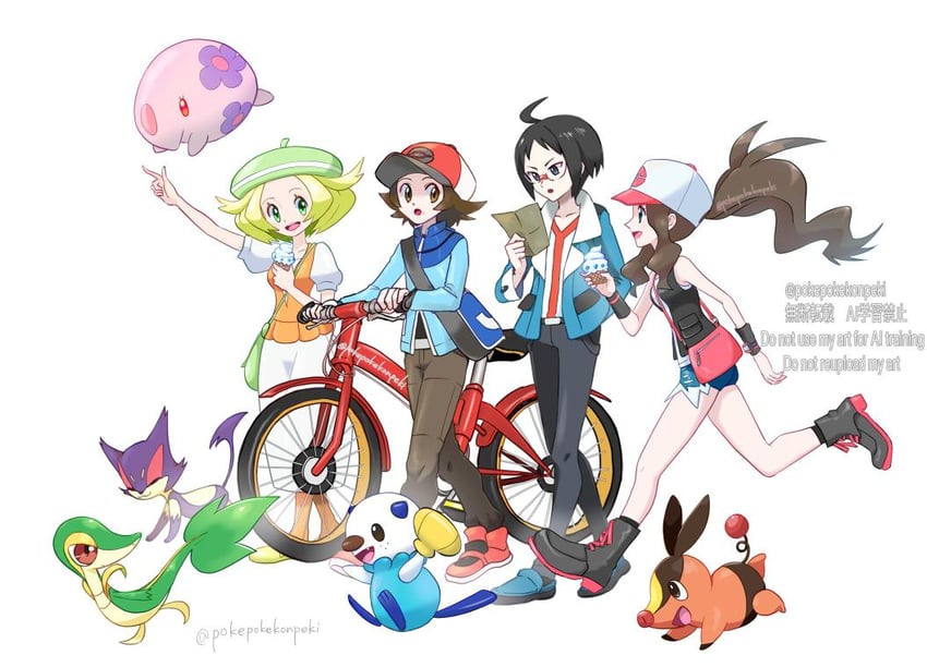 hilda, hilbert, oshawott, snivy, bianca, and 2 more (pokemon and 1 more) drawn by pokepokekonpeki