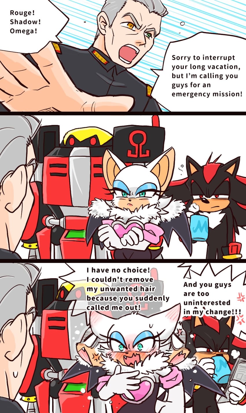shadow the hedgehog, rouge the bat, e-123 omega, and commander (sonic) drawn by yotsumeddd