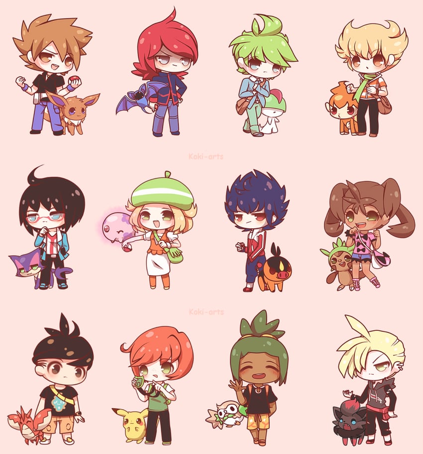 pikachu, eevee, rowlet, blue oak, silver, and 19 more (pokemon and 9 more) drawn by koki_arts
