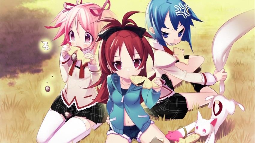 kaname madoka, miki sayaka, sakura kyoko, and kyubey (mahou shoujo madoka magica) drawn by tensugi_takashi